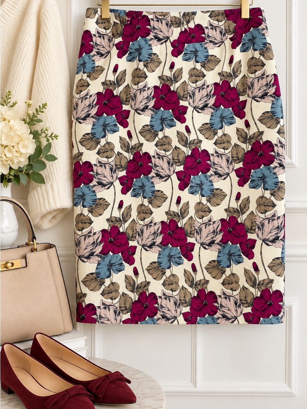 Ann Taylor Cream Pencil Skirt with Berry & Blue Floral